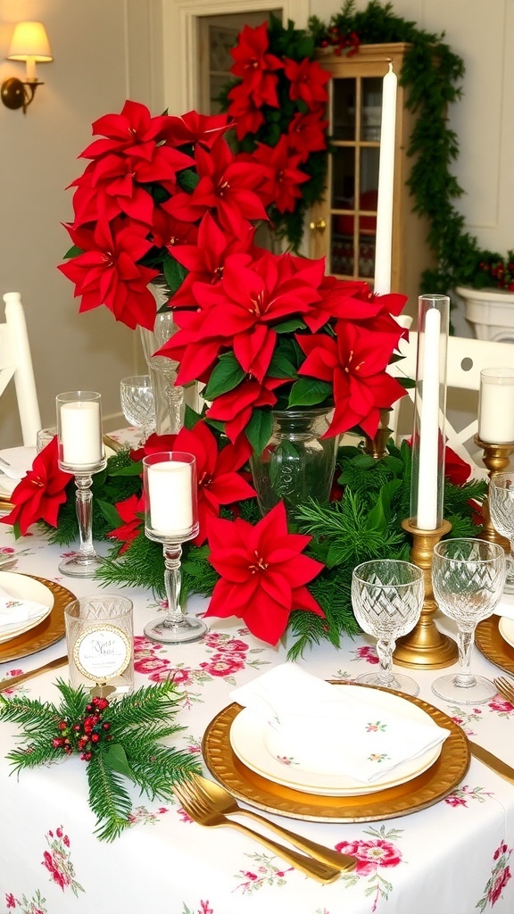 Elegant Christmas Table Decorations with Flowers Christmas table setting with floral decorations, candles, and elegant dinnerware.